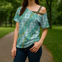 Hawaii Jade Vine Lei Cross Shoulder Shirt Aloha Palaka Motif - Turquoise - Polynesian Pride