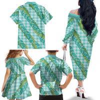 Hawaii Jade Vine Lei Family Matching Off The Shoulder Long Sleeve Dress and Hawaiian Shirt Aloha Palaka Motif - Turquoise - Polynesian Pride
