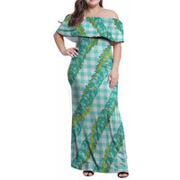 Hawaii Jade Vine Lei Family Matching Off Shoulder Maxi Dress and Hawaiian Shirt Aloha Palaka Motif - Turquoise - Polynesian Pride