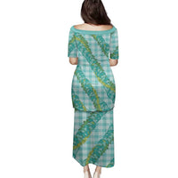 Hawaii Jade Vine Lei Family Matching Puletasi and Hawaiian Shirt Aloha Palaka Motif - Turquoise - Polynesian Pride