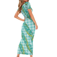 Hawaii Jade Vine Lei Family Matching Short Sleeve Bodycon Dress and Hawaiian Shirt Aloha Palaka Motif - Turquoise - Polynesian Pride