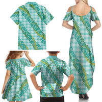 Hawaii Jade Vine Lei Family Matching Summer Maxi Dress and Hawaiian Shirt Aloha Palaka Motif - Turquoise - Polynesian Pride