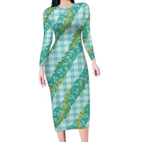 Hawaii Jade Vine Lei Long Sleeve Bodycon Dress Aloha Palaka Motif - Turquoise - Polynesian Pride