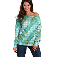 Hawaii Jade Vine Lei Off Shoulder Sweater Aloha Palaka Motif - Turquoise - Polynesian Pride
