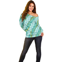 Hawaii Jade Vine Lei Off Shoulder Sweater Aloha Palaka Motif - Turquoise - Polynesian Pride