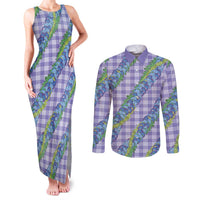 Hawaii Jade Vine Lei Couples Matching Tank Maxi Dress and Long Sleeve Button Shirt Aloha Palaka Motif - Purple - Polynesian Pride