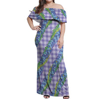 Hawaii Jade Vine Lei Off Shoulder Maxi Dress Aloha Palaka Motif - Purple - Polynesian Pride