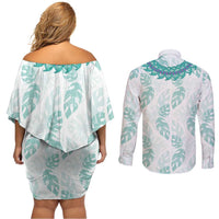 Jade Vine Lei Hawaii Couples Matching Off Shoulder Short Dress and Long Sleeve Button Shirt Aloha Seamless Tropical Leaves - Polynesian Pride