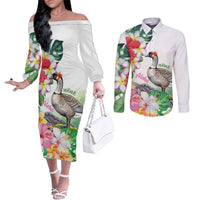 Aloha Hawaii Nene Goose Couples Matching Off The Shoulder Long Sleeve Dress and Long Sleeve Button Shirt Tropical Flowers Watercolor Stylized - Polynesian Pride