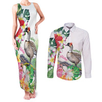 Aloha Hawaii Nene Goose Couples Matching Tank Maxi Dress and Long Sleeve Button Shirt Tropical Flowers Watercolor Stylized - Polynesian Pride