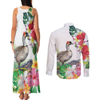 Aloha Hawaii Nene Goose Couples Matching Tank Maxi Dress and Long Sleeve Button Shirt Tropical Flowers Watercolor Stylized - Polynesian Pride