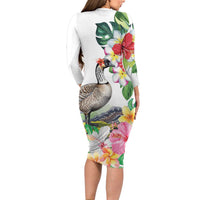 Aloha Hawaii Nene Goose Long Sleeve Bodycon Dress Tropical Flowers Watercolor Stylized - Polynesian Pride