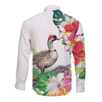 Aloha Hawaii Nene Goose Long Sleeve Button Shirt Tropical Flowers Watercolor Stylized - Polynesian Pride