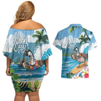 Aloha Hawaii Shaka Nene Goose Couples Matching Off Shoulder Short Dress and Hawaiian Shirt Surfing Take It Easy - Polynesian Pride