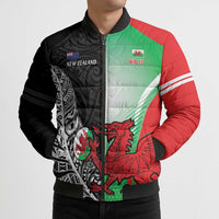 New Zealand and Wales Rugby Custom Bomber Puffer Jacket Aotearoa All Black Combine Welsh Dragon - Polynesian Pride