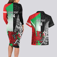 New Zealand and Wales Rugby Custom Couples Matching Long Sleeve Bodycon Dress and Hawaiian Shirt Aotearoa All Black Combine Welsh Dragon - Polynesian Pride