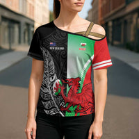 New Zealand and Wales Rugby Custom Cross Shoulder Shirt Aotearoa All Black Combine Welsh Dragon - Polynesian Pride
