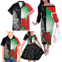 New Zealand and Wales Rugby Custom Family Matching Off The Shoulder Long Sleeve Dress and Hawaiian Shirt Aotearoa All Black Combine Welsh Dragon - Polynesian Pride