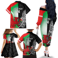 New Zealand and Wales Rugby Custom Family Matching Off The Shoulder Long Sleeve Dress and Hawaiian Shirt Aotearoa All Black Combine Welsh Dragon - Polynesian Pride