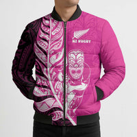 New Zealand Silver Fern Rugby Custom Bomber Puffer Jacket All Black Maori Pattern Pink - Polynesian Pride