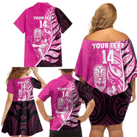 New Zealand Silver Fern Rugby Custom Family Matching Off Shoulder Short Dress and Hawaiian Shirt All Black Maori Pattern Pink - Polynesian Pride