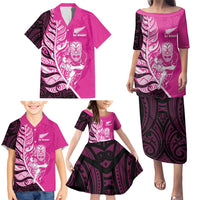 New Zealand Silver Fern Rugby Custom Family Matching Puletasi and Hawaiian Shirt All Black Maori Pattern Pink LT14 - Polynesian Pride