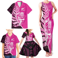 New Zealand Silver Fern Rugby Custom Family Matching Tank Maxi Dress and Hawaiian Shirt All Black Maori Pattern Pink - Polynesian Pride