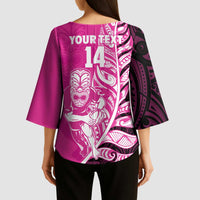 New Zealand Silver Fern Rugby Custom Kimono Sleeve Blouse All Black Maori Pattern Pink - Polynesian Pride