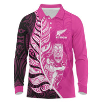 New Zealand Silver Fern Rugby Custom Long Sleeve Polo Shirt All Black Maori Pattern Pink - Polynesian Pride
