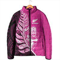 New Zealand Silver Fern Rugby Custom Padded Jacket All Black Maori Pattern Pink - Polynesian Pride