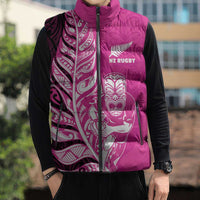 New Zealand Silver Fern Rugby Custom Sleeveless Puffer Jacket All Black Maori Pattern Pink - Polynesian Pride