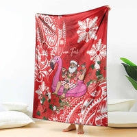 Personalized Hawaii Christmas Blanket Mele Kalikimaka Chilling Shaka Santa Flamingo - Polynesian Pride
