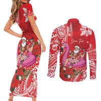 Personalized Hawaii Christmas Couples Matching Short Sleeve Bodycon Dress and Long Sleeve Button Shirt Mele Kalikimaka Chilling Shaka Santa Flamingo - Polynesian Pride