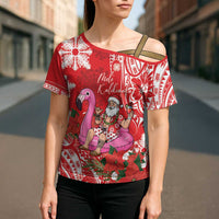 Personalized Hawaii Christmas Cross Shoulder Shirt Mele Kalikimaka Chilling Shaka Santa Flamingo LT14 - Polynesian Pride