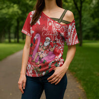 Personalized Hawaii Christmas Cross Shoulder Shirt Mele Kalikimaka Chilling Shaka Santa Flamingo LT14 - Polynesian Pride