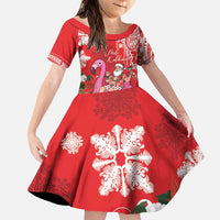 Personalized Hawaii Christmas Family Matching Puletasi and Hawaiian Shirt Mele Kalikimaka Chilling Shaka Santa Flamingo LT14 Daughter's Dress Red - Polynesian Pride