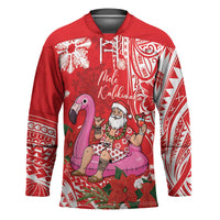 Personalized Hawaii Christmas Hockey Jersey Mele Kalikimaka Chilling Shaka Santa Flamingo LT14 Unisex Red - Polynesian Pride
