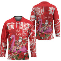 Personalized Hawaii Christmas Hockey Jersey Mele Kalikimaka Chilling Shaka Santa Flamingo LT14 - Polynesian Pride