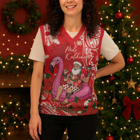 Personalized Hawaii Christmas Knitted V-Neck Vest Mele Kalikimaka Chilling Shaka Santa Flamingo LT14 - Polynesian Pride