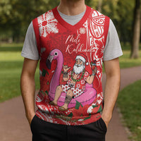 Personalized Hawaii Christmas Knitted V-Neck Vest Mele Kalikimaka Chilling Shaka Santa Flamingo LT14 - Polynesian Pride