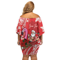 Personalized Hawaii Christmas Off Shoulder Short Dress Mele Kalikimaka Chilling Shaka Santa Flamingo - Polynesian Pride