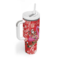 Personalized Hawaii Christmas Tumbler With Handle Mele Kalikimaka Chilling Shaka Santa Flamingo - Polynesian Pride