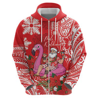 Personalized Hawaii Christmas Zip Hoodie Mele Kalikimaka Chilling Shaka Santa Flamingo - Polynesian Pride