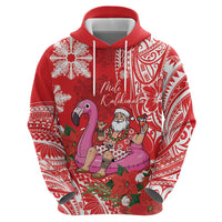 Personalized Hawaii Christmas Zip Hoodie Mele Kalikimaka Chilling Shaka Santa Flamingo - Polynesian Pride