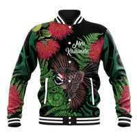 Meri Kirihimete New Zealand Baseball Jacket Piwakawaka Koru Fern Mix Pohutukawa - Polynesian Pride