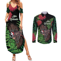 Meri Kirihimete New Zealand Couples Matching Summer Maxi Dress and Long Sleeve Button Shirt Piwakawaka Koru Fern Mix Pohutukawa - Polynesian Pride