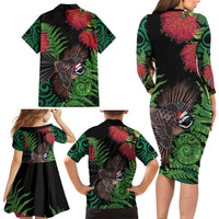 Meri Kirihimete New Zealand Family Matching Long Sleeve Bodycon Dress and Hawaiian Shirt Piwakawaka Koru Fern Mix Pohutukawa - Polynesian Pride