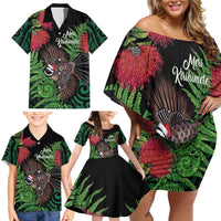 Meri Kirihimete New Zealand Family Matching Off Shoulder Short Dress and Hawaiian Shirt Piwakawaka Koru Fern Mix Pohutukawa - Polynesian Pride