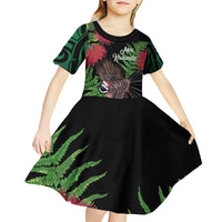 Meri Kirihimete New Zealand Kid Short Sleeve Dress Piwakawaka Koru Fern Mix Pohutukawa - Polynesian Pride