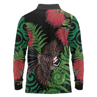 Meri Kirihimete New Zealand Long Sleeve Polo Shirt Piwakawaka Koru Fern Mix Pohutukawa - Polynesian Pride